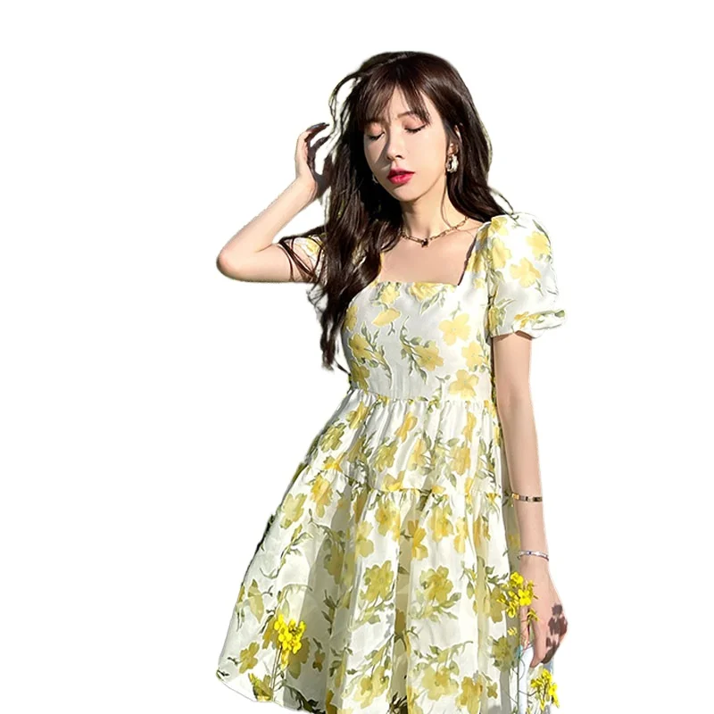 

Short Sleeve Elegant Mini Dress Women Fairy Design Casual Vintage Floral Dress Female Party One Piece Dress Korean 2021 Summer