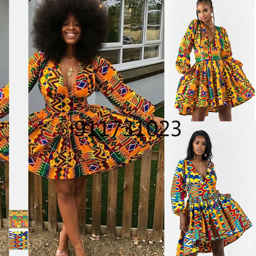 2021 осеннее сексуальное модное платье в африканском стиле с V-образным вырезом и