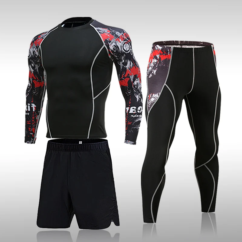 

Мужская спортивная одежда для бега и фитнеса, спортивный тренировочный костюм для бега, Быстросохнущий облегающий мужской костюм-тройка