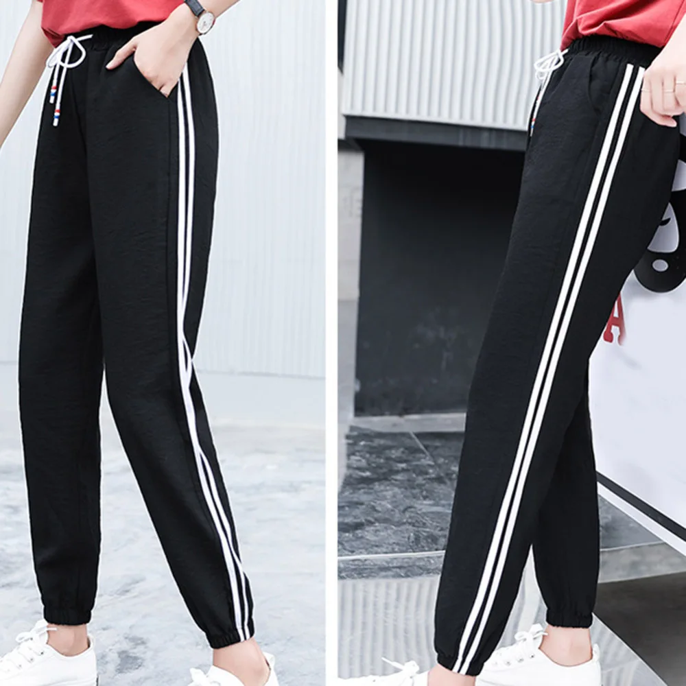 

Women Sports Jogger Harem Long Trousers Loose Drawstring Pants Black Knaki Striped Edge Couple Sweatpants Fitness Trouser