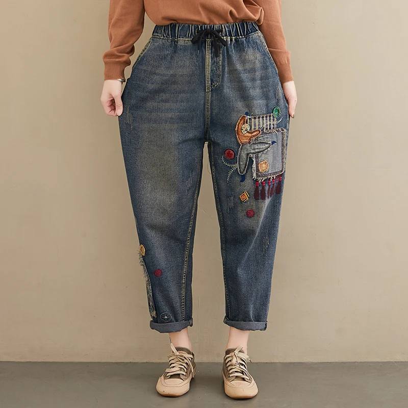 

Женские мешковатые джинсы-бойфренды, весна-осень, джинсовые брюки-султанки для девочек с мультяшной вышивкой, винтажные джинсы с высокой та...