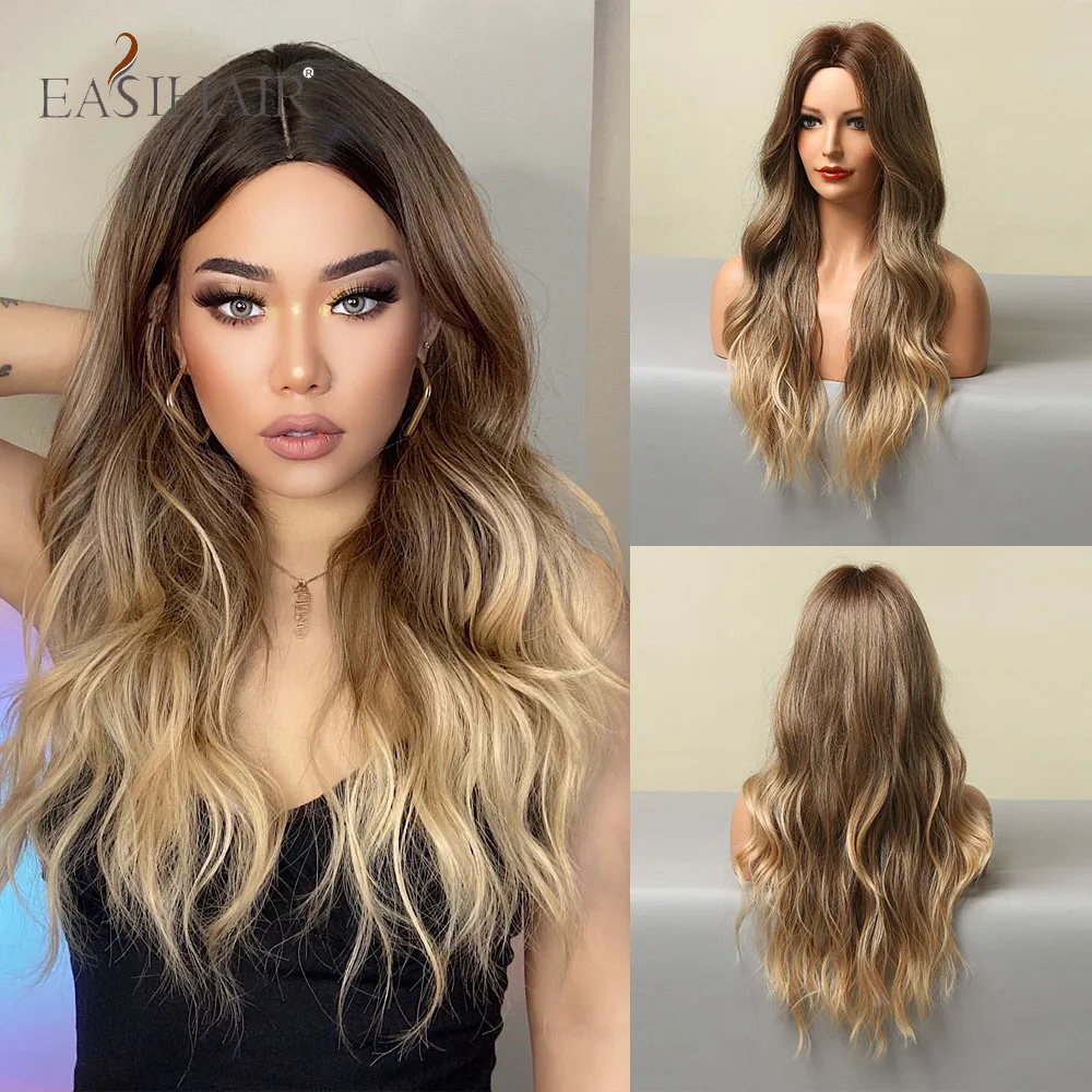 

EASIHAIR Long Synthetic Wigs for Women Body Wave Ombre Brown Golden Blonde Natural Hairs Heat Resistant Fibers for Daily Cosplay