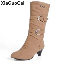 winter warm woman boots mid calf plush female shoes with fur pu leather knight boots plus size mid heel sexy ladies footwear
