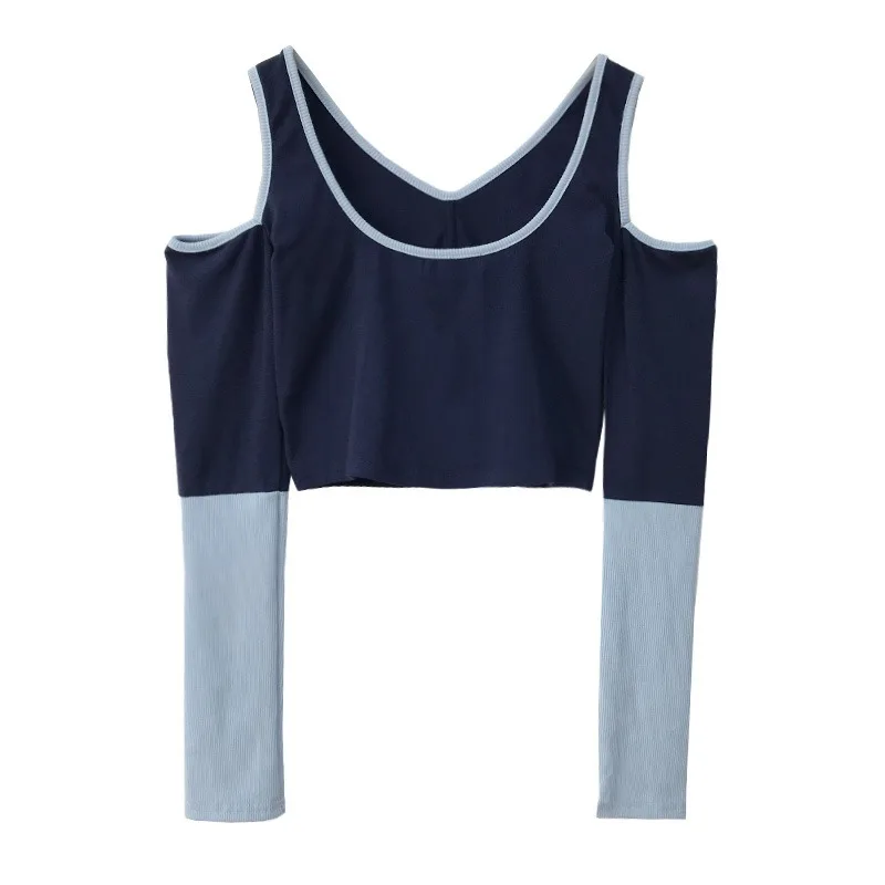 

Summer Clothes T-shirt Women's New Bottoming Shirt Retro Hong Kong Style Ins Design Color Matching Long Sleeve Short Top Women