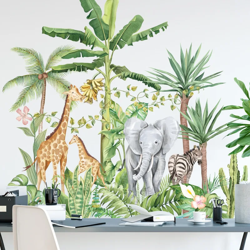 

Hot Cartoon Tropical Rainforest Animals Elephant Giraffe Nordic Plant Wall Stickers Sofa Kids Bedroom Background Decoration