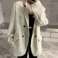 women pocket big size blazer new lapel long sleeve loose vintage fit jacket with waist bag tide autumn winter 2021 female coats