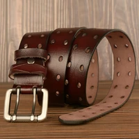 mens leather double prong belt classic double row hole belt cowhide belt jeans men waistband new belts for men leisure business