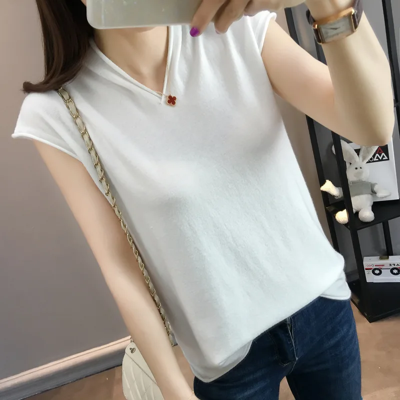 

Summer Short Sleeve Women Tshirts Hot Selling Ladies Knitting Tops Solid Color Tees Y0070
