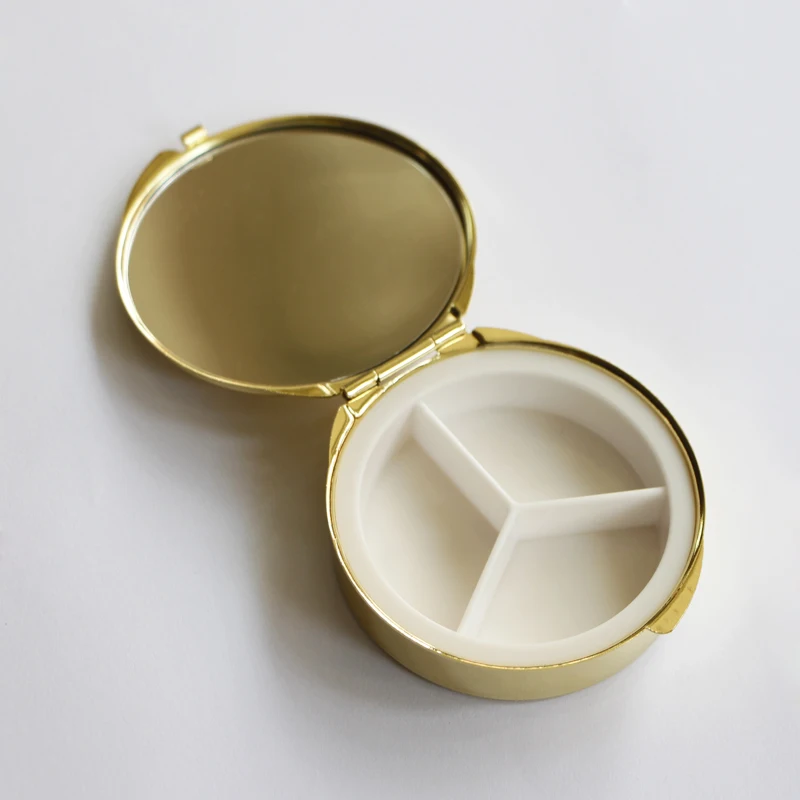 

Gold Pill Box 3 Compartment Large Pill Box Case with Mirror inside