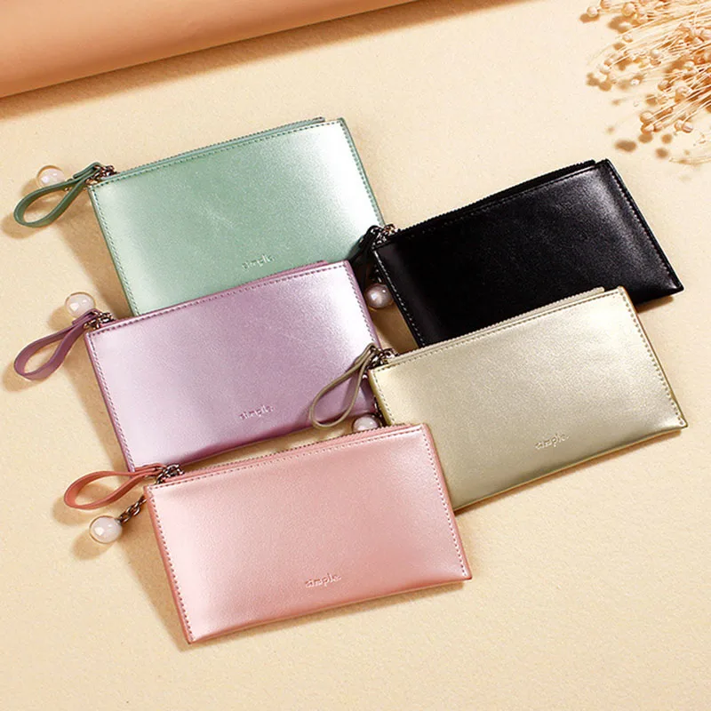 

Luxury PU Leather Pearlescent Slim Credit Card Holder Women Wallet with Zipper Coin Bag 2021 New Monedero Mujer Marca De Lujo