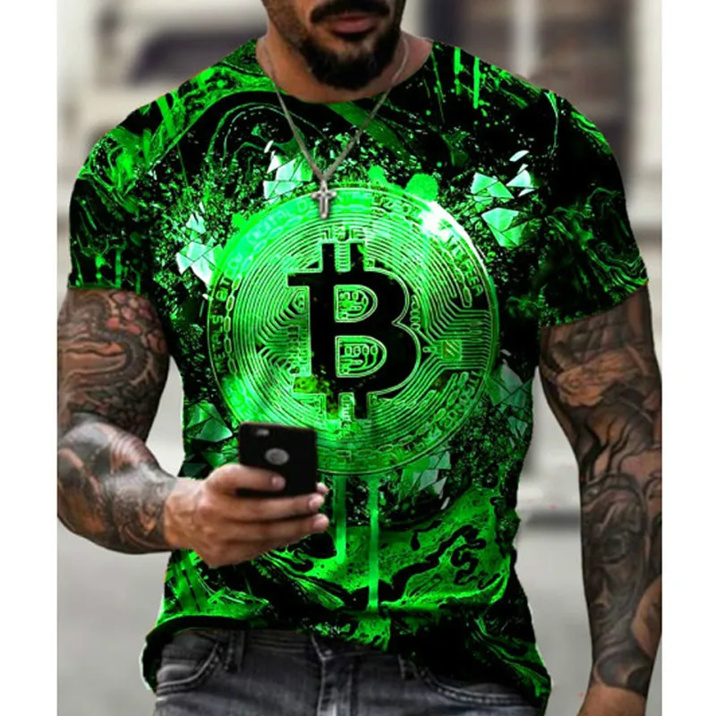 

Men's Short Sleeve Sports T-shirt Big Round Neck Loose T-shirt 3D Bitcoin Printing Breathable Casual Fitness Wear 2021 New