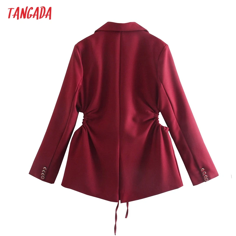 

Tangada Women Red Waist Hollow Blazer with Slash Female Long Sleeve Jacket Ladies Casual Suits QD92