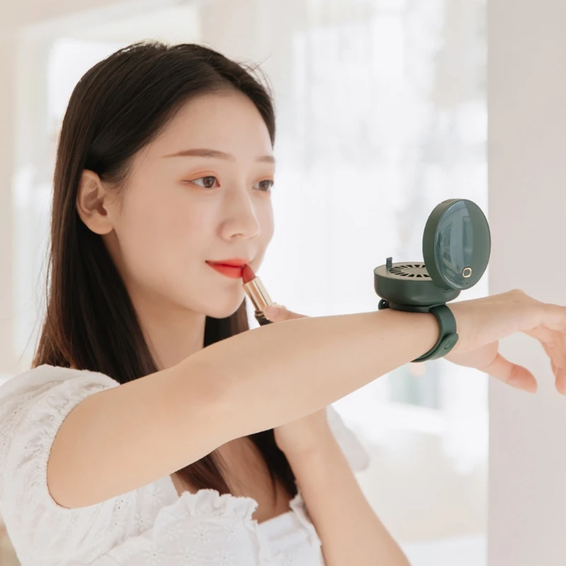 

Portable Wrist Fan Mirror Leafless USB Rechargeable 3 Speed Adjustable Air Cooler Handheld for Travel Home Office Use