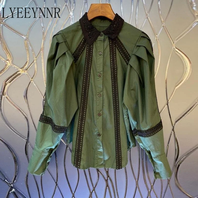 

LYEEYNNR Lace Patchwork Long Sleeve Shirt Women Turn Down Collar Single Breasted Vintage Tops Casual All-match Chic Blouses