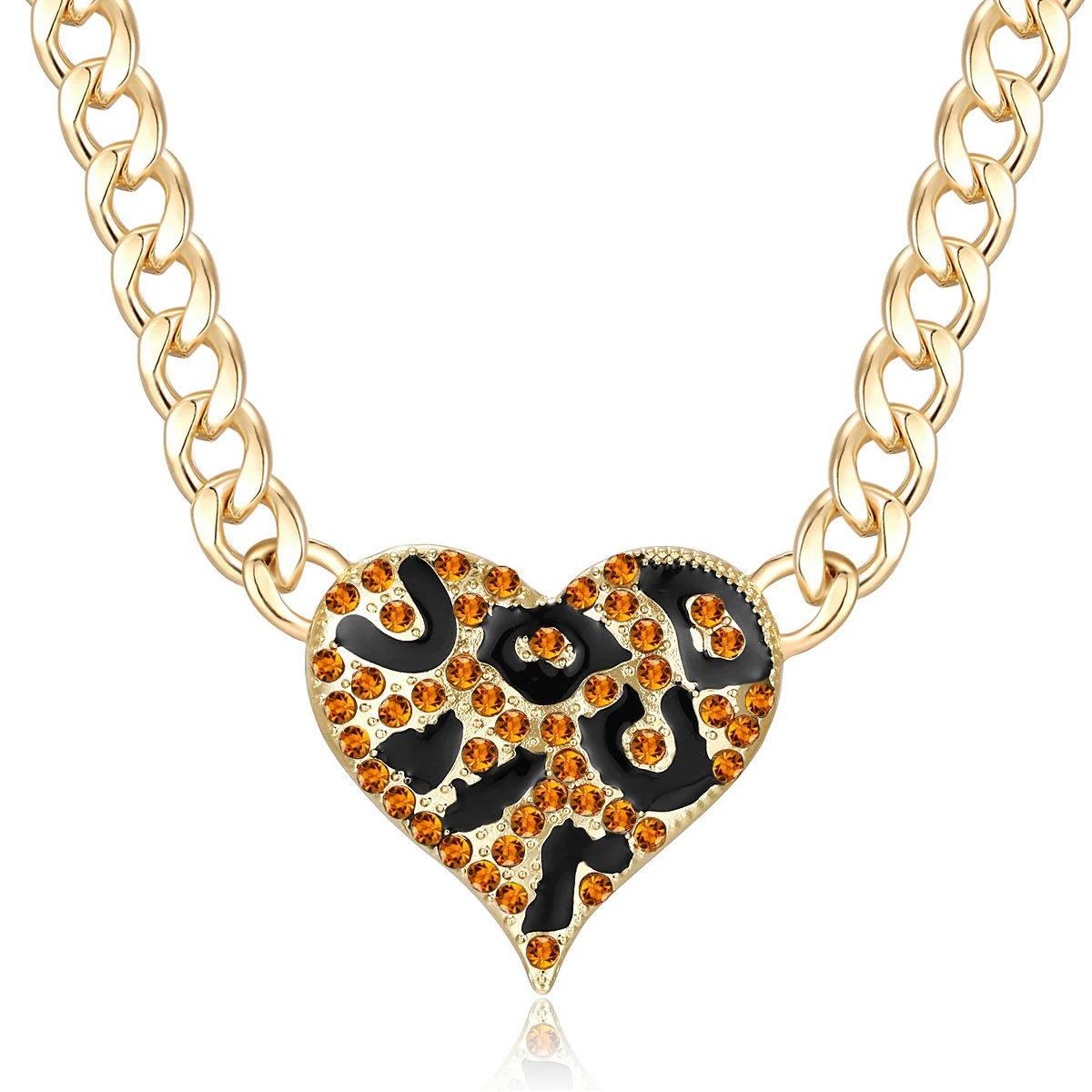 

Gold Alloy Leopard Print Heart Necklace Statement Hip Hop Crystal Chunky Chain Choker Pendant Costume Cocktail Club Jewelry