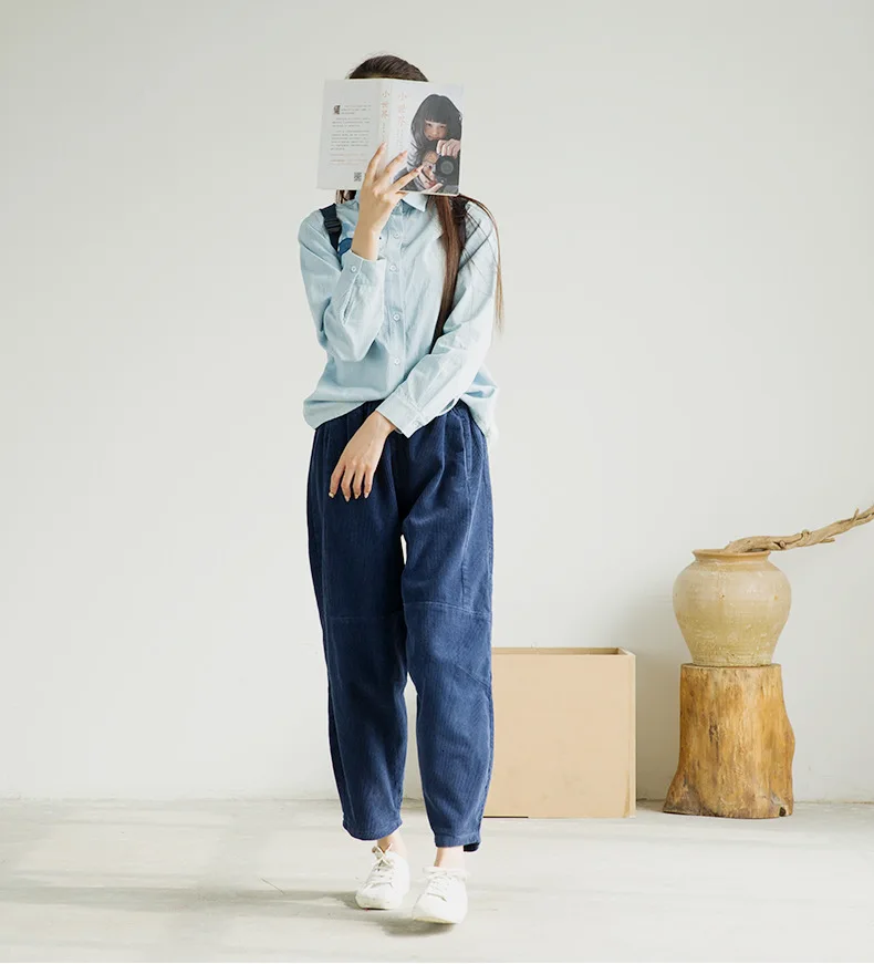 NINI WONDERLAND Corduroy Harem Pants Woman Autumn Low Crotch Ankle Length Pants Elastic Waist Female Loose Trousers Casual