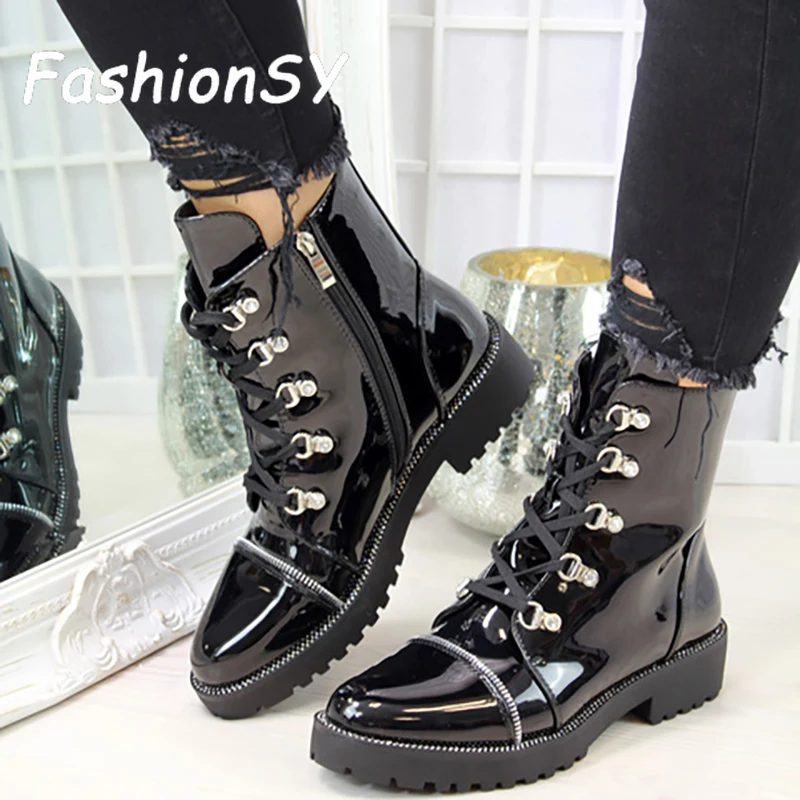 

Fashion Women Motorcycle Boots Spring Patent PU Round Toe Lace-up Combat Shoes women shoes Ladies Snow Office Boots