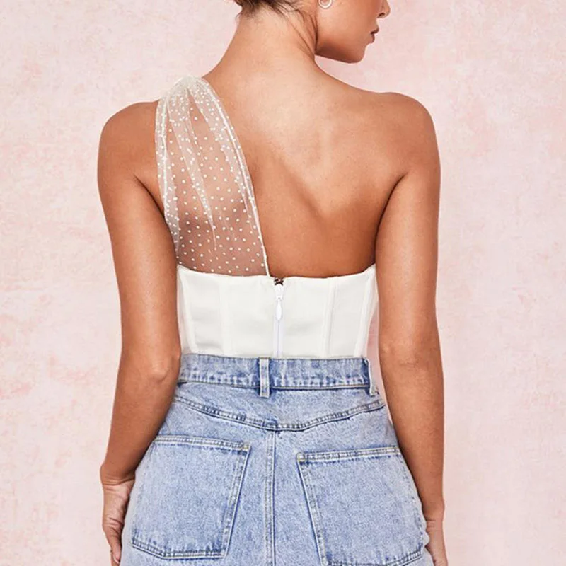 

Unaiza 2021 Female's Short Top Spring And Summer Women's New Fashion Halter One-Shoulder Mesh Polka Dot Corset Women Short Top