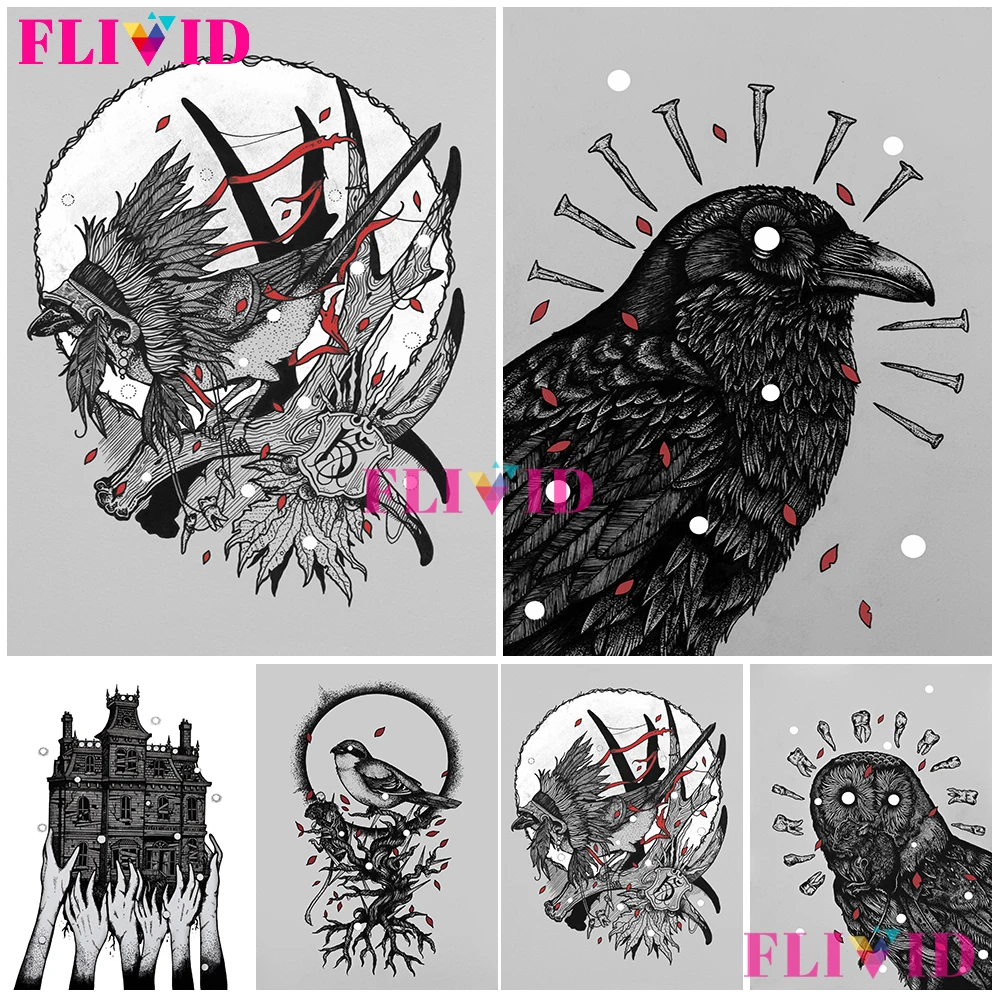 

Black And White Owl And Black Crow Wall Art Canvas Painting Finch Like Bird The Shaman Poster And Print For Living Room Unframed
