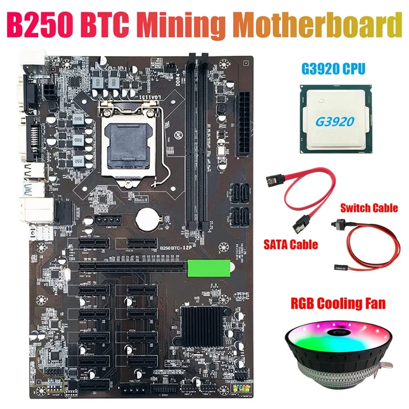 

B250 BTC Mining Motherboard with G3920 or G3930 CPU CPU+RGB Fan+SATA Cable+Switch Cable 12XGraphics Card Slot LGA 1151 DDR4 for