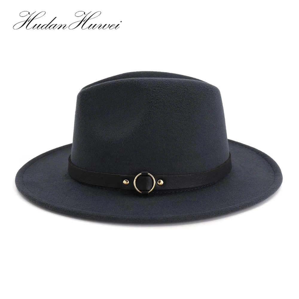 

Модная мужская и женская фетровая шляпа с широкими полями, джазовая фетровая шляпа с кожаным ремешком, черная Панама, шляпа-трилби, фетровая...