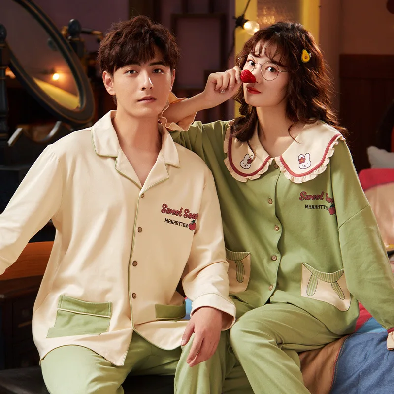 Couples Pajamas Womens Spring and Autumn Cotton Long-Sleeved Thin Cardigan Cartoon Large Size Mens Two-Piece Leisure Tops