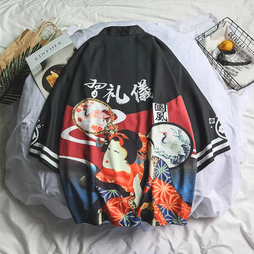 

Samurai Crane Japanese Style Kimono Haori Men Women Cardigan Chinese Dragon Traditional Japanese Clothing Asian Clothes