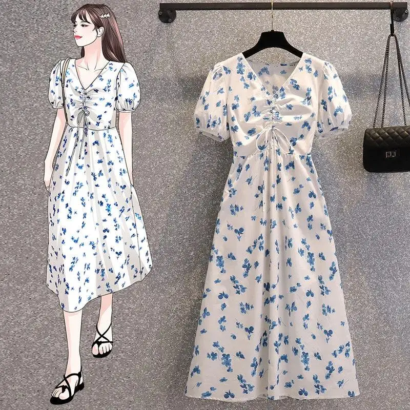 2022 Fashion Korean Summer Women's Cute Sweet Girl Floral Print Short Sleeve Dress Holiday Date High Waist Long Dress
