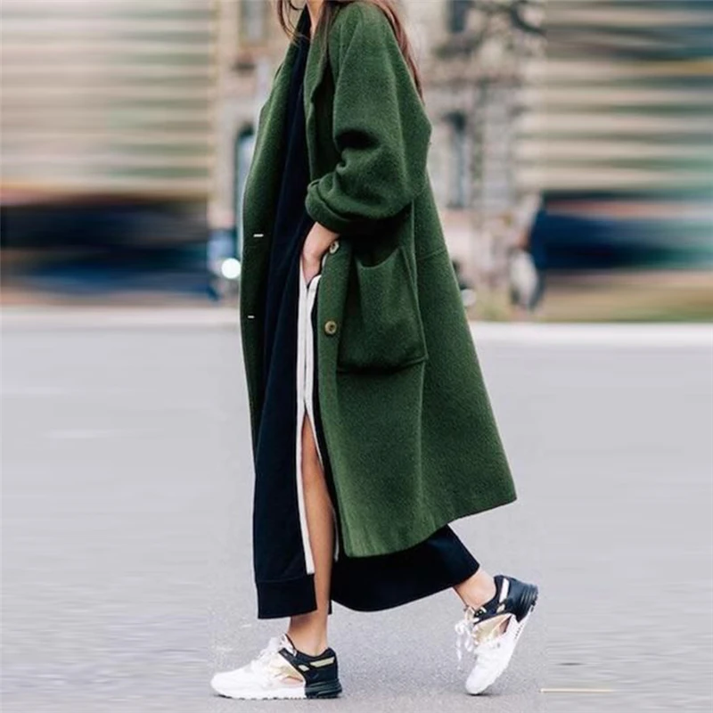 Женское Простое Шерстяное Пальто теплая верхняя одежда с карманами армейский