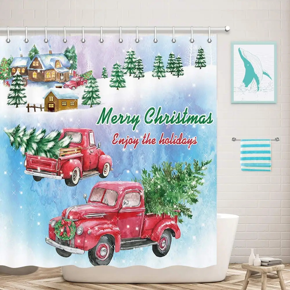 Christmas Xmas Tree Red Retro Truck in Snow with Pine Fir Fabric Bathroom Shower Curtain | Дом и сад