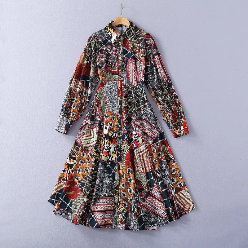 European and American women's clothing spring 2021 new  Long sleeve lapel single breasted vintage print  Fashion dress
