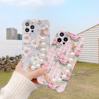 retro floral flower soft tpu liquid silicone phone case pearl chain for iphone 13 12 pro max 11 7 8 plus xr xs shockproof cover