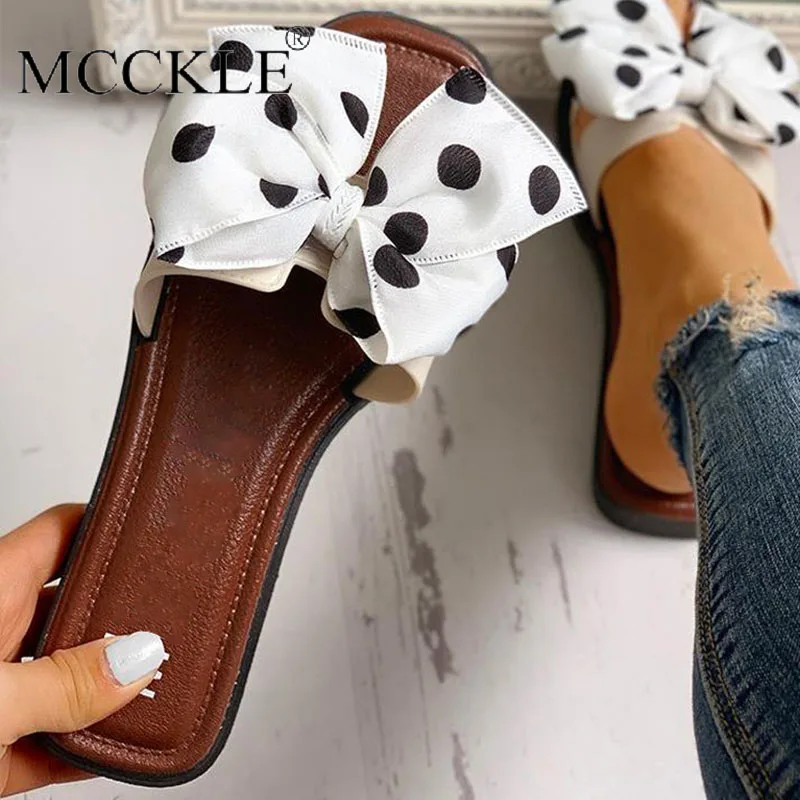 Шлепанцы женские в горошек сандалии на плоской подошве открытый носок бант