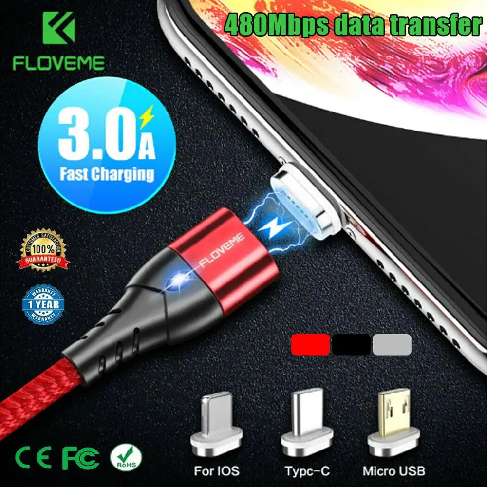 FLOVEME Магнитный кабель Micro usb type C для iPhone освещения 1 м 3A провод быстрого заряда