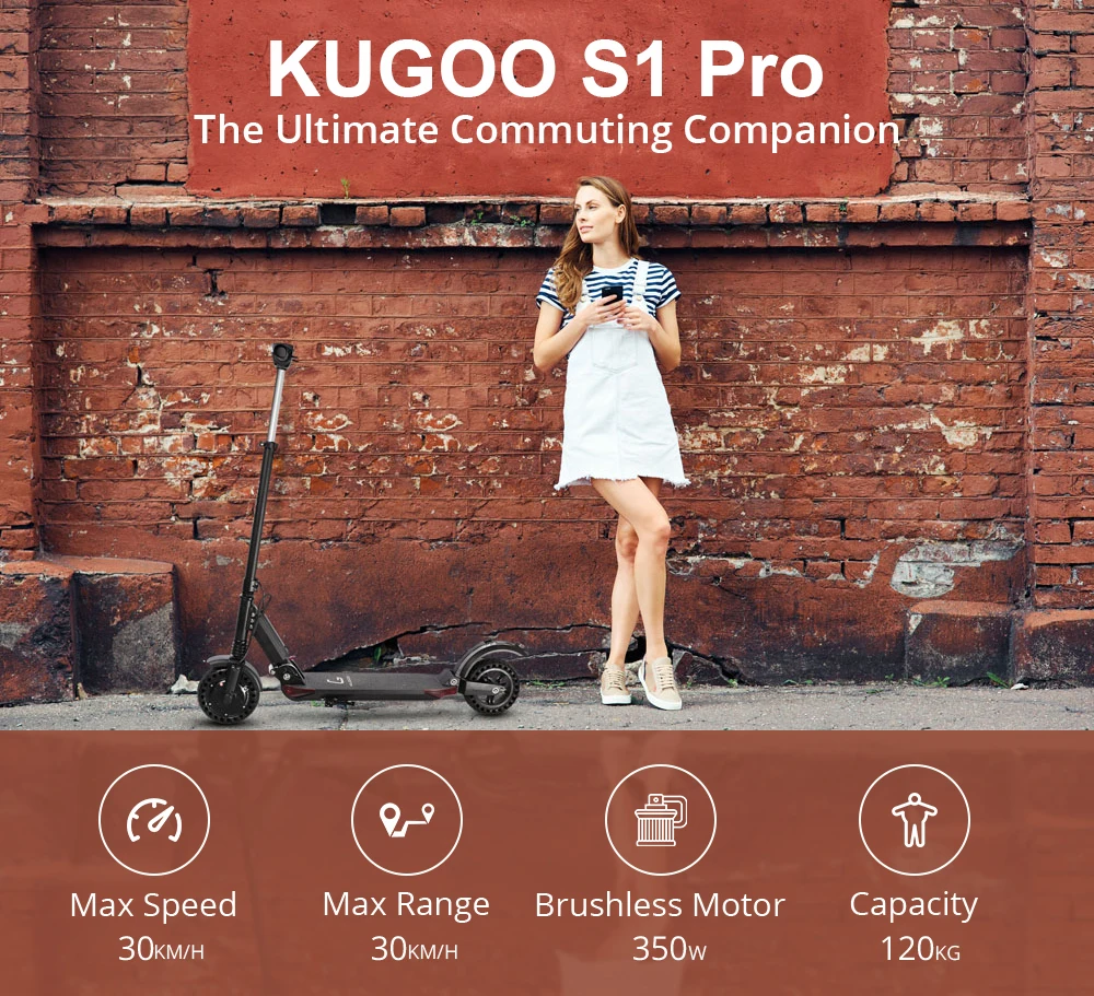 Складной электрический скутер KUGOO S1 PRO максимальный диапазон 30 км 350 Вт огни