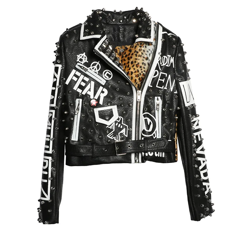 

Style 2023 Spring Punk Jacket Rivest Beading Leopard Print Cool 2XL Women Pu Leather Coat Top Quality Chaqueta Mujer