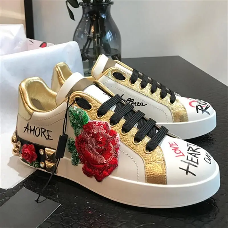 

Shoes Woman Rose Graffiti Rhinestone Flat Print Genuine Leather Sneakers Fashion Lace Up Quality Round Toe Ladies Loafer Shoes