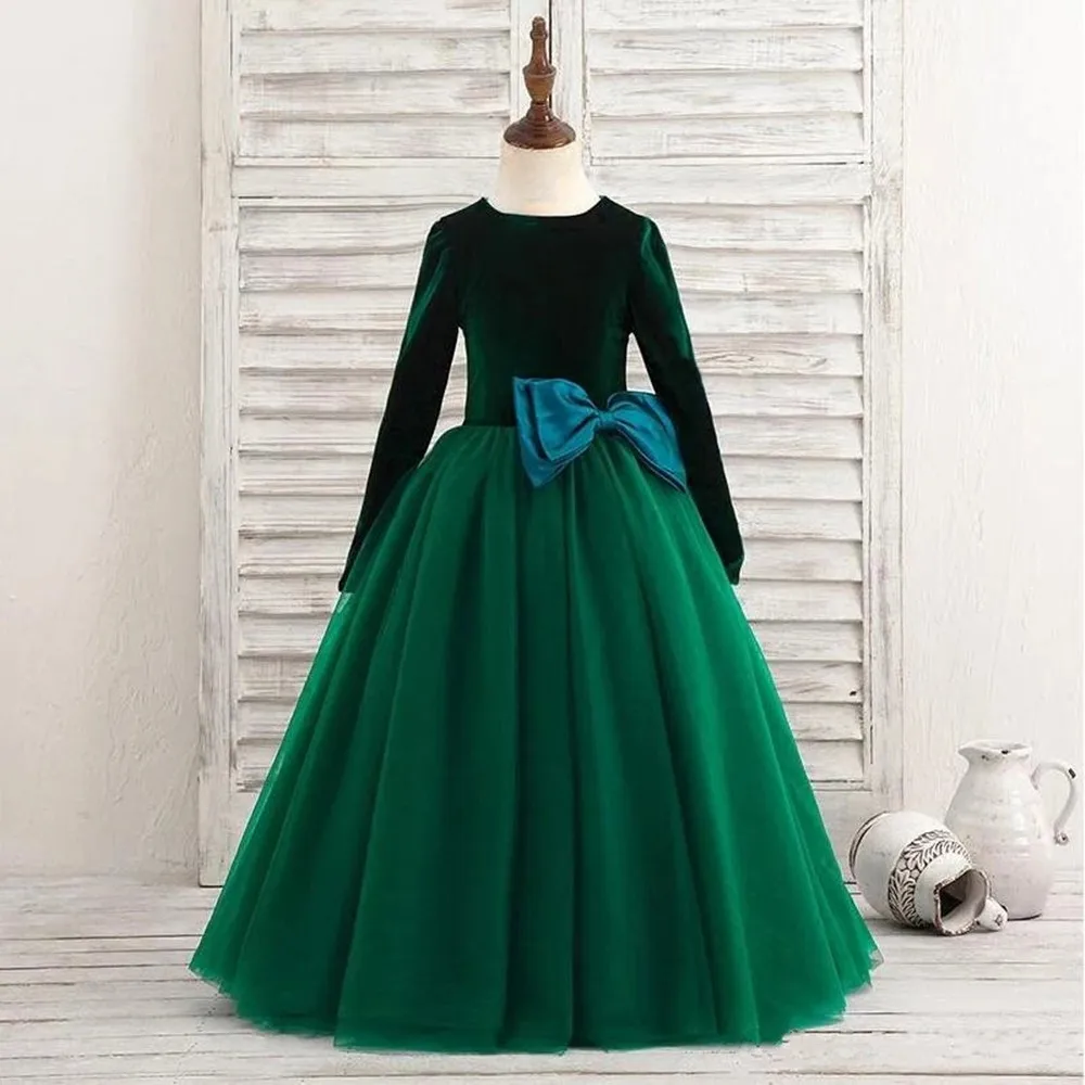

Real Pictures Flower Girls Dresses Jewel Neck Ball Gown Velvet Tulle Big Bows For Wedding Girls Party Dress