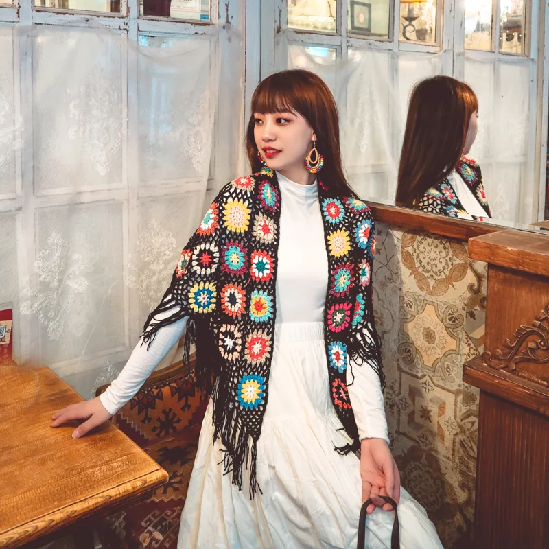 Женский вязаный шарф-пончо из пашмины с кисточками |