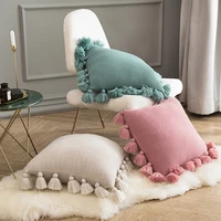 knit pillow solid ivory pink green pillowcase acrylic ball tassel sofa bed nursery room decorative
