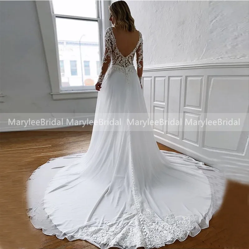 

Appliqued Beach Wedding Dress With Long Sleeves V-neck Vestido de noiva Backless Chiffon Boho Bridal Dresses For Summer Wedding
