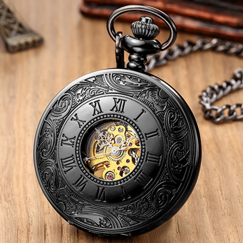 Roman Numerals Dial Mechanical Pocket Watch Skeleton Black Fob Chain Steampunk Case Engraved Case Clock for Men Dropshipping