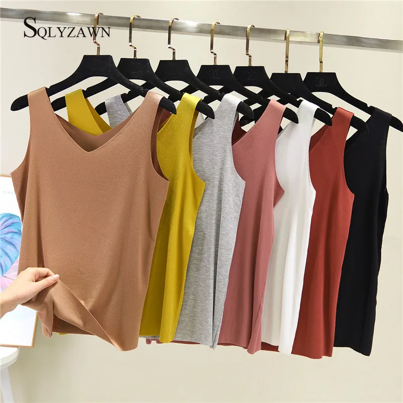 Женский трикотажный жилет с v-образным вырезом однотонная хлопковая майка