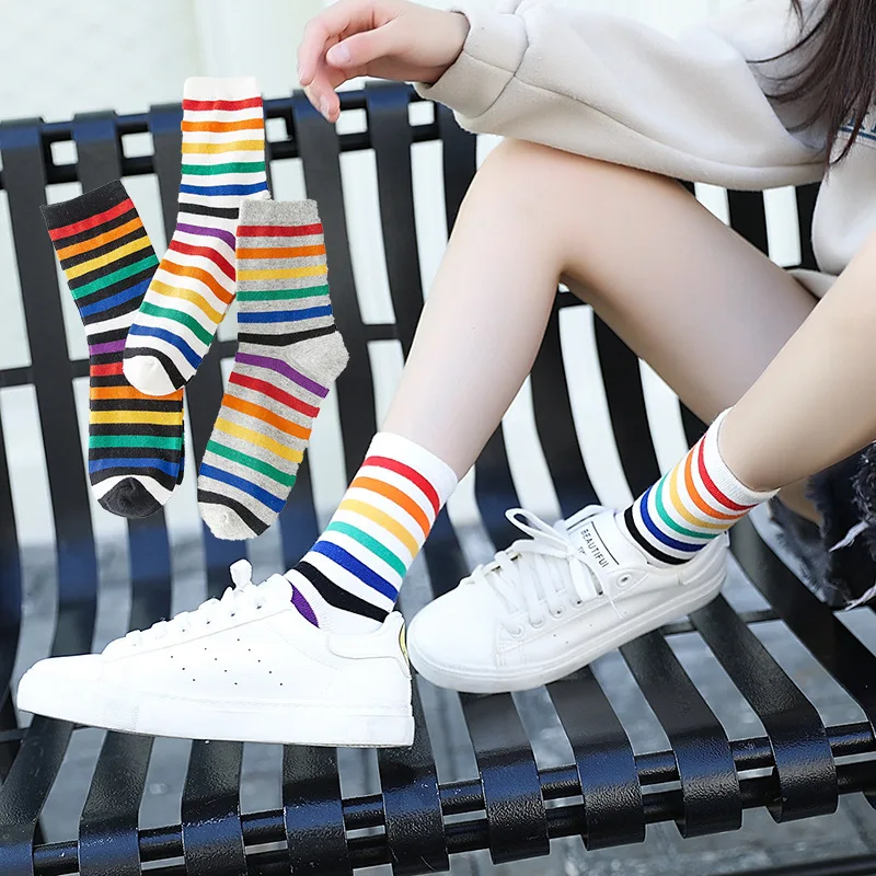 

New Rainbow Striped Patterned Funny Short Socks Women Cool Cotton Harajuku Cute Kawaii Socks Female Fashion Colored Happy Sock