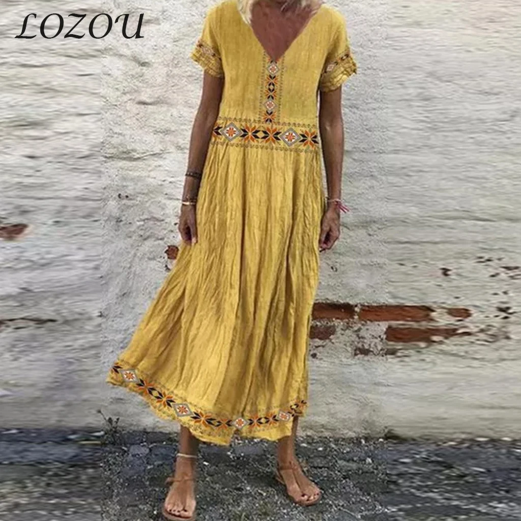 

Summer Fashion Bohemian Short Sleeve Women V-neck Vintage Splicing Printed Sundress Beach Long Dresses New Pullover Maternity