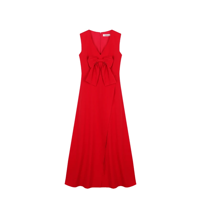 YIGELILA Women Red Long Dress Summer V-neck Sleeveless Bow Slim Solid Ankle-length A-line 669100 | Женская одежда