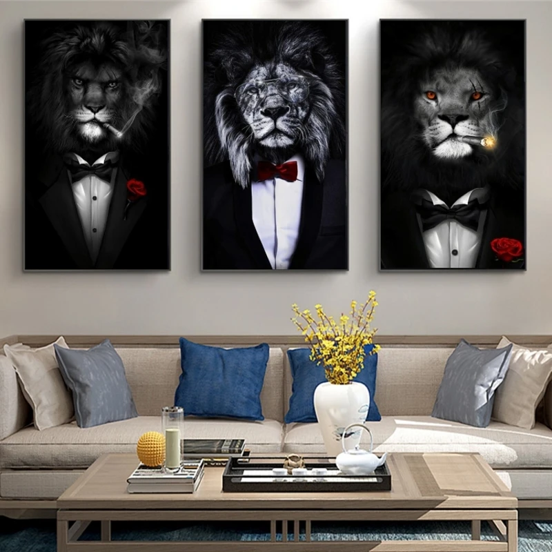 

Abstract Art Lion Smoking Canvas Paintings On the Wall Art Pictures Black Wild Lion in a Suit Animals Canvas Picture Home Cuadro