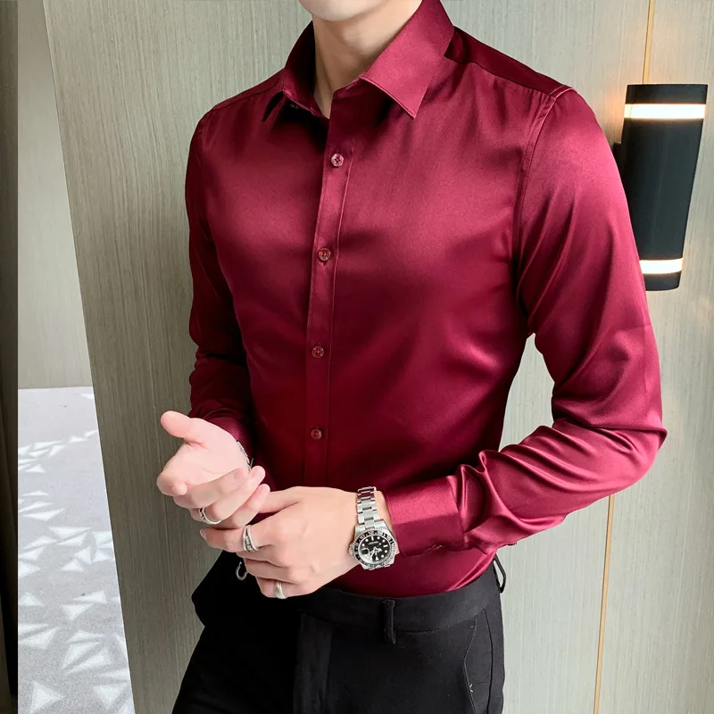 Men's Luxury Navy Satin Dress Shirts 2022 Brand New Slim Fit Long Sleeve Shirt for Men Business Casual Strech Chemise Homme 5XL
