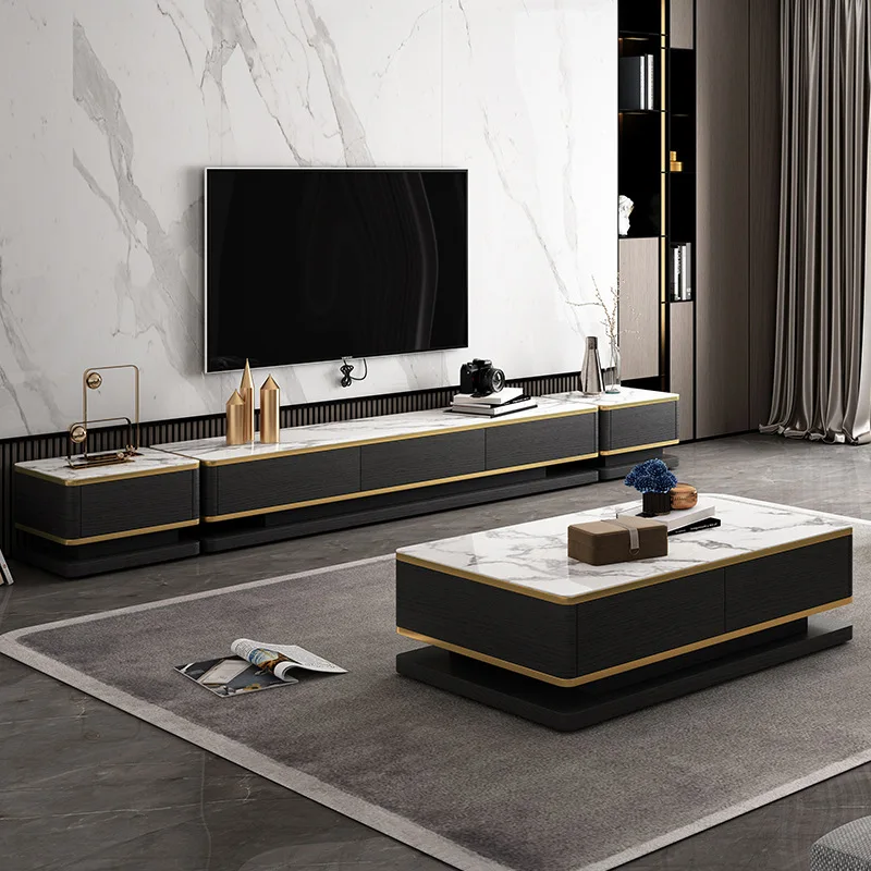 

Light Luxury Marble TV Cabinet Tea Table Combination Living Room Set Modern Simple Villa Coffee Table