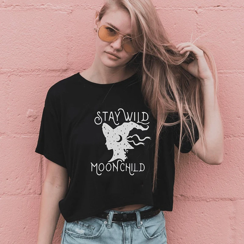 Stay Wild Moon Child Witch T-shirt Aesthetic Witchy Woman Graphic Tee Top Vintage Women Short Sleeve Boho Hippie Tshirt